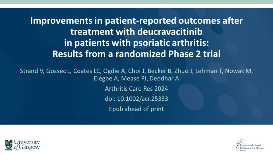 Publication thumbnail: Improvements in patient-reported outcomes after treatment with deucravacitinib in patients with psoriatic arthritis:  Results from a randomized Phase 2 trial