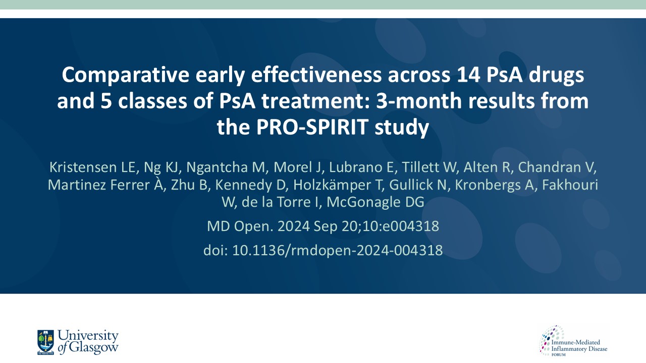 Publication thumbnail: Comparative early effectiveness across 14 PsA drugs and 5 classes of PsA treatment: 3-month results from the PRO-SPIRIT study