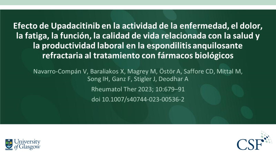 Publication thumbnail: Efecto de Upadacitinib en la actividad de la enfermedad, el dolor, la fatiga, la función, la calidad de vida relacionada con la salud y la productividad laboral en la espondilitis anquilosante refractaria al tratamiento con fármacos biológicos