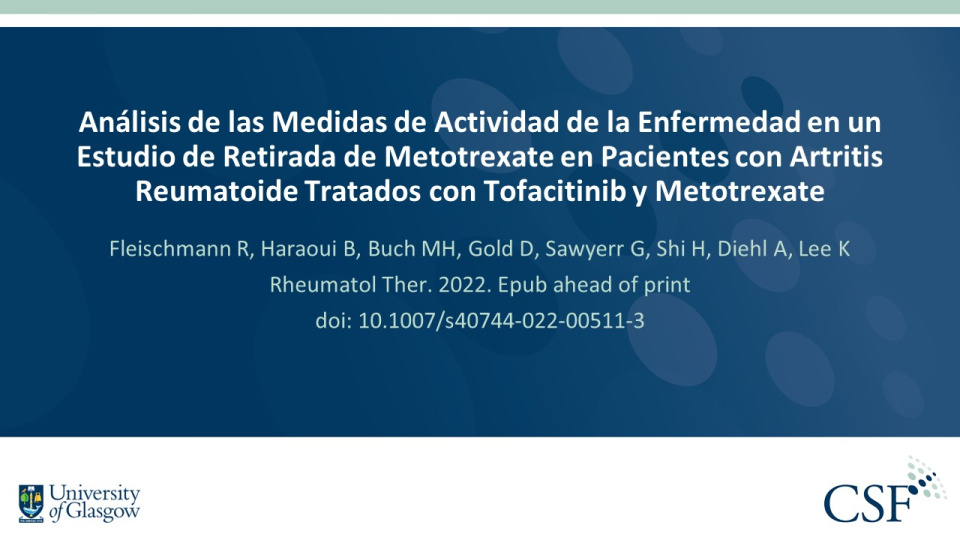 Publication thumbnail: Análisis de las Medidas de Actividad de la Enfermedad en un Estudio de Retirada de Metotrexate en Pacientes con Artritis Reumatoide Tratados con Tofacitinib y Metotrexate