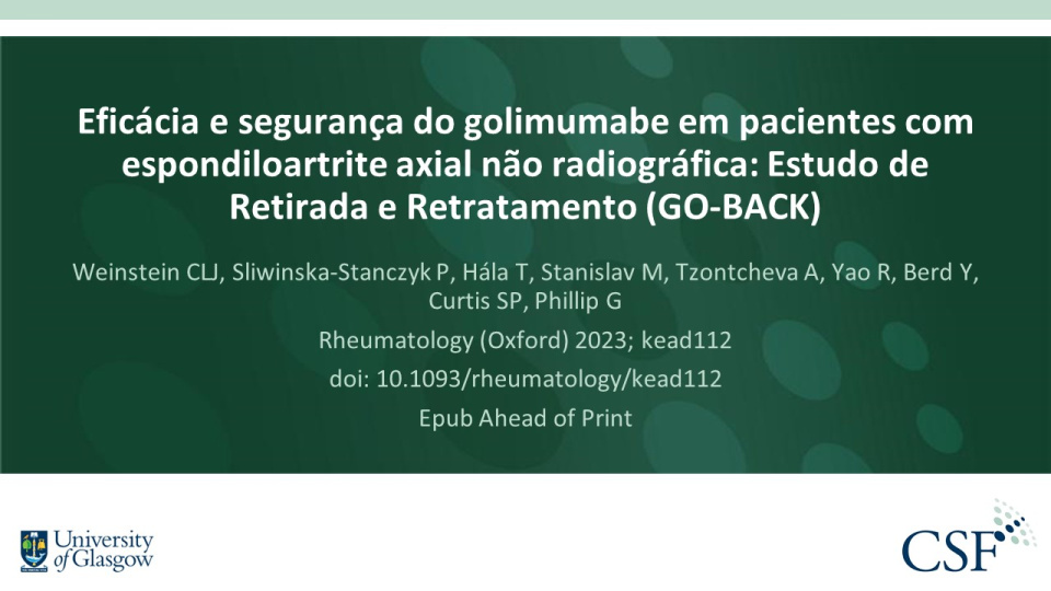 Publication thumbnail: Eficácia e segurança do golimumabe em pacientes com espondiloartrite axial não radiográfica: Estudo de Retirada e Retratamento (GO-BACK)