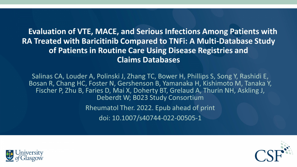 Publication thumbnail: Evaluation of VTE, MACE, and Serious Infections Among Patients with RA Treated with Baricitinib Compared to TNFi: A Multi-Database Study of Patients in Routine Care Using Disease Registries and Claims Databases