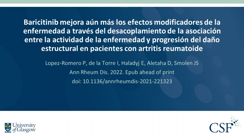Publication thumbnail: Baricitinib mejora aún más los efectos modificadores de la enfermedad a través del desacoplamiento de la asociación entre la actividad de la enfermedad y progresión del daño estructural en pacientes con artritis reumatoide