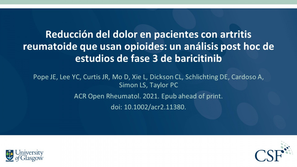 Publication thumbnail: Reducción del dolor en pacientes con artritis reumatoide que usan opioides: un análisis post hoc de estudios de fase 3 de baricitinib