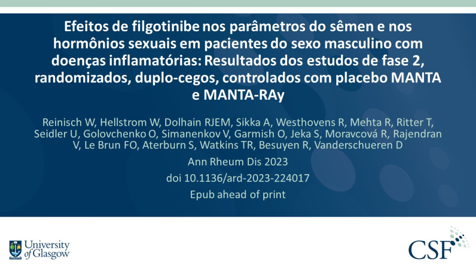 Publication thumbnail: Efeitos de filgotinibe nos parâmetros do sêmen e nos hormônios sexuais em pacientes do sexo masculino com doenças inflamatórias: Resultados dos estudos de fase 2, randomizados, duplo-cegos, controlados com placebo MANTA e MANTA-RAy