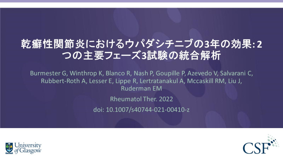 Publication thumbnail: 乾癬性関節炎におけるウパダシチニブの 3 年の効果 : 2 つの 主要フェーズ 3 試験の統合解析