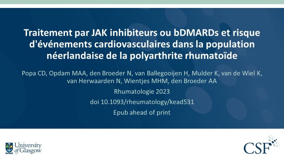 Publication thumbnail: Traitement par JAK inhibiteurs ou bDMARDs et risque d'événements cardiovasculaires dans la population néerlandaise de la polyarthrite rhumatoïde