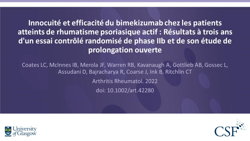 Publication thumbnail: Innocuité et efficacité du bimekizumab chez les patients atteints de rhumatisme psoriasique actif : Résultats à trois ans d'un essai contrôlé randomisé de phase IIb et de son étude de prolongation ouverte