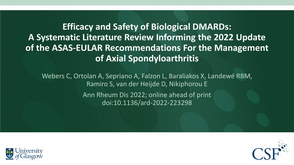 Publication thumbnail: Efficacy and Safety of Biological DMARDs: A Systematic Literature Review Informing the 2022 Update of the ASAS-EULAR Recommendations for the Management of Axial Spondyloarthritis