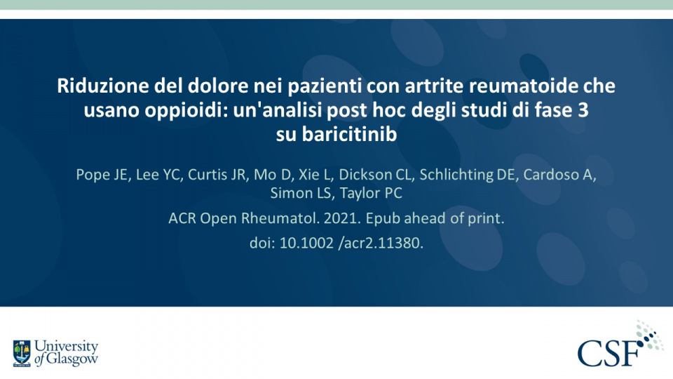 Publication thumbnail: Riduzione del dolore nei pazienti con artrite reumatoide che usano oppioidi: un'analisi post hoc degli studi di fase 3 su baricitinib