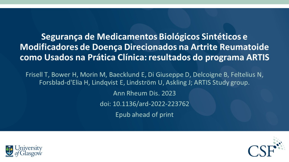 Publication thumbnail: Segurança de Medicamentos Biológicos Sintéticos e Modificadores de Doença Direcionados na Artrite Reumatoide como Usados na Prática Clínica: resultados do programa ARTIS