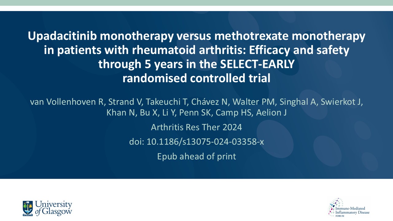 Publication thumbnail: Upadacitinib monotherapy versus methotrexate monotherapy in patients with rheumatoid arthritis: efficacy and safety through 5 years in the SELECT-EARLY randomized controlled trial