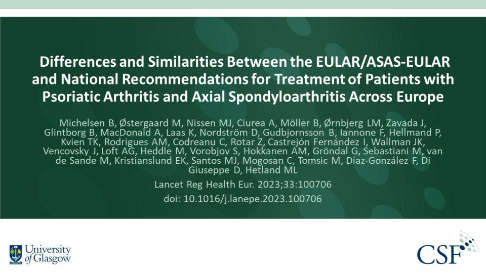 Publication thumbnail: Differences and Similarities Between the EULAR/ASAS-EULAR and National Recommendations for Treatment of Patients with Psoriatic Arthritis and Axial Spondyloarthritis Across Europe