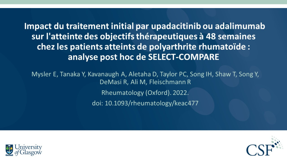 Publication thumbnail: Impact du traitement initial par upadacitinib ou adalimumab sur l'atteinte des objectifs thérapeutiques à 48 semaines chez les patients atteints de polyarthrite rhumatoïde : analyse post hoc de SELECT-COMPARE