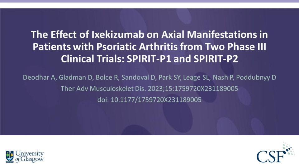 Publication thumbnail: The effect of ixekizumab on axial manifestations in patients with psoriatic arthritis from two phase III clinical trials: SPIRIT-P1 and SPIRIT-P2