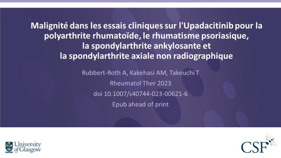 Publication thumbnail: Malignité dans les essais cliniques sur l'Upadacitinib pour la polyarthrite rhumatoïde, le rhumatisme psoriasique, la spondylarthrite ankylosante et la spondylarthrite axiale non radiographique