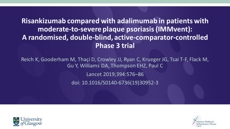 Publication thumbnail: Risankizumab compared with adalimumab in patients with moderate-to-severe plaque psoriasis (IMMvent):  A randomised, double-blind, active-comparator-controlled Phase 3 trial