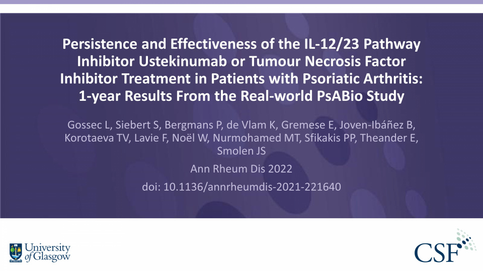 Publication thumbnail: Persistence and Effectiveness of the IL-12/23 Pathway Inhibitor Ustekinumab or Tumour Necrosis Factor Inhibitor Treatment in Patients with Psoriatic Arthritis: 1-year Results From the Real-world PsABio Study