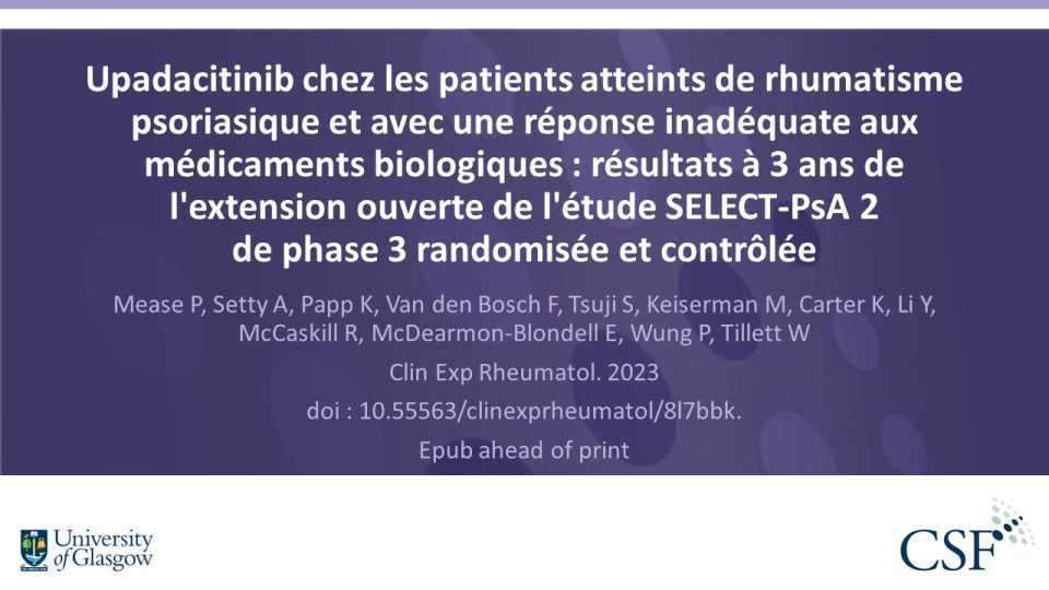 Publication thumbnail: Upadacitinib chez les patients atteints de rhumatisme psoriasique et avec une réponse inadéquate aux médicaments biologiques : résultats à 3 ans de l'extension ouverte de l'étude SELECT-PsA 2 de phase 3 randomisée et contrôlée