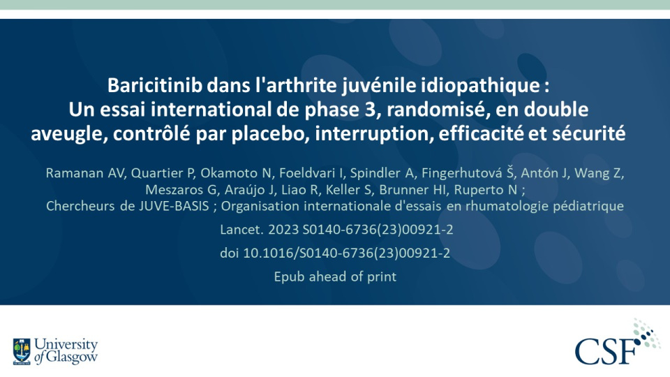 Publication thumbnail: Baricitinib dans l'arthrite juvénile idiopathique : Un essai international de phase 3, randomisé, en double aveugle, contrôlé par placebo, interruption, efficacité et sécurité