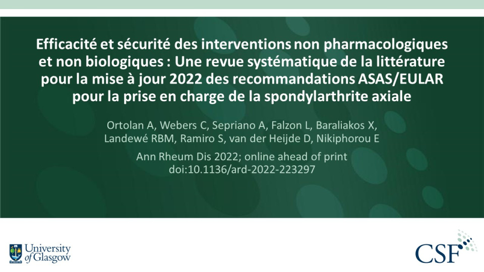 Publication thumbnail: Efficacité et sécurité des interventions non pharmacologiques et non biologiques : Une revue systématique de la littérature pour la mise à jour 2022 des recommandations ASAS/EULAR pour la prise en charge de la spondylarthrite axiale