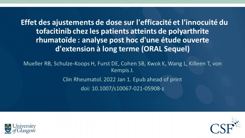 Publication thumbnail: Effet des ajustements de dose sur l'efficacité et l'innocuité du tofacitinib chez les patients atteints de polyarthrite rhumatoïde : analyse post hoc d'une étude ouverte d'extension à long terme (ORAL Sequel)