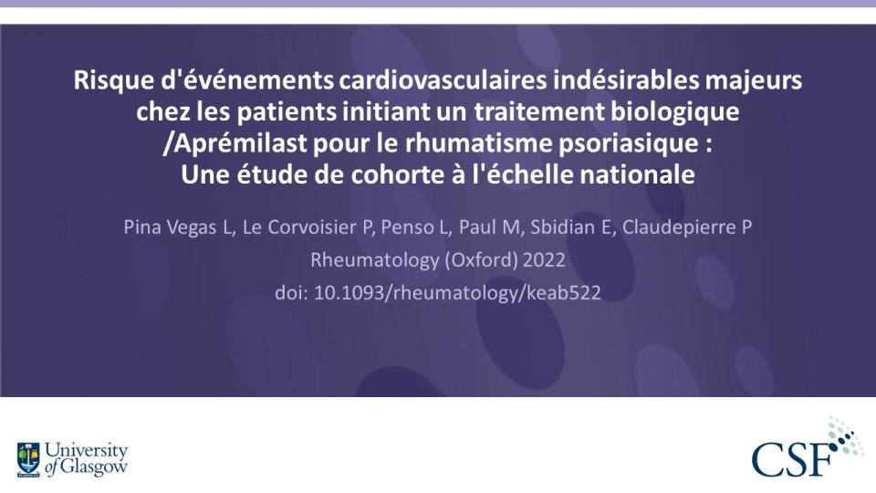 Publication thumbnail: Risque d'événements cardiovasculaires indésirables majeurs chez les patients initiant un traitement biologique /Aprémilast pour le rhumatisme psoriasique : Une étude de cohorte à l'échelle nationale