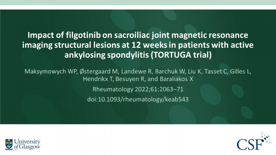 Publication thumbnail: Impact of filgotinib on sacroiliac joint magnetic resonance imaging structural lesions at 12 weeks in patients with active ankylosing spondylitis (TORTUGA trial)