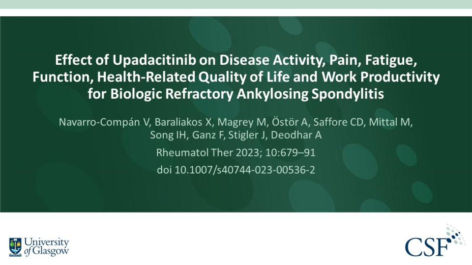 Publication thumbnail: Effect of Upadacitinib on Disease Activity, Pain, Fatigue, Function, Health-Related Quality of Life and Work Productivity for Biologic Refractory Ankylosing Spondylitis