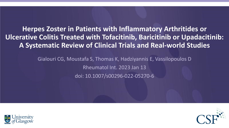 Publication thumbnail: Herpes zoster in Patients with Inflammatory Arthritides or Ulcerative Colitis Treated with Tofacitinib, Baricitinib or Upadacitinib: A Systematic Review of Clinical Trials and Real-world Studies