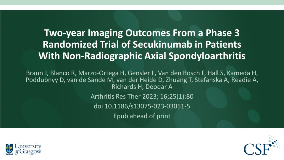 Publication thumbnail: Two‑Year Imaging Outcomes from a Phase 3 Randomized Trial of Secukinumab in Patients with Non‑Radiographic  Axial Spondyloarthritis