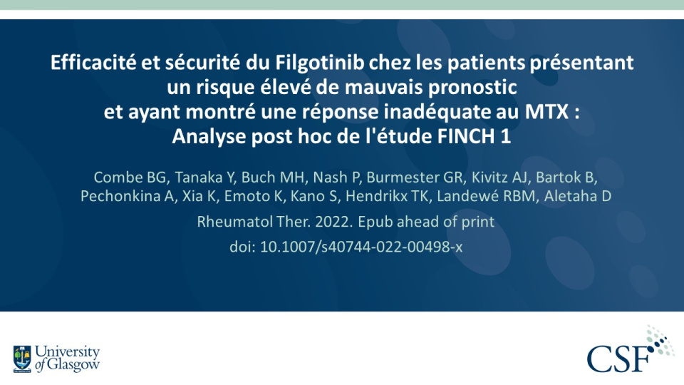 Publication thumbnail: Efficacité et sécurité du Filgotinib chez les patients présentant un risque élevé de mauvais pronostic et ayant montré une réponse inadéquate au MTX : Analyse post hoc de l'étude FINCH 1