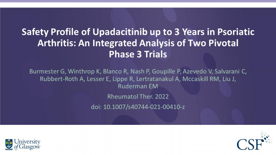 Publication thumbnail: Safety Profile of Upadacitinib up to 3 Years in Psoriatic Arthritis:  An Integrated Analysis of Two Pivotal Phase 3 Trials