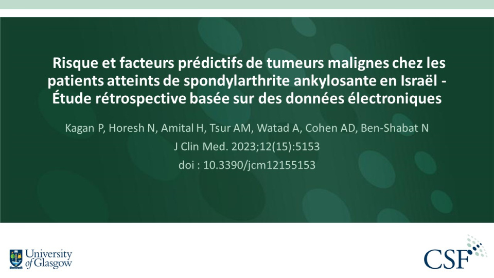 Publication thumbnail: Risque et facteurs prédictifs de tumeurs malignes chez les patients atteints de spondylarthrite ankylosante en Israël - Étude rétrospective basée sur des données électroniques