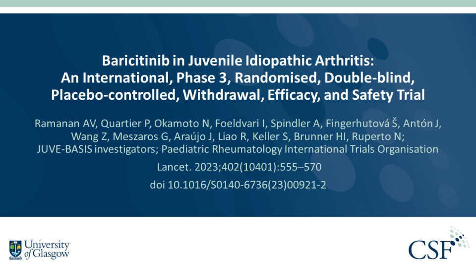 Publication thumbnail: Baricitinib in Juvenile Idiopathic Arthritis: An International, Phase 3, Randomised, Double-blind, Placebo-controlled, Withdrawal, Efficacy, and Safety Trial