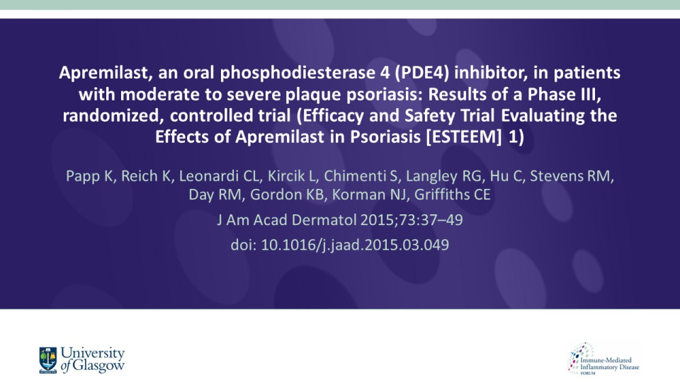 Publication thumbnail: Apremilast, an oral phosphodiesterase 4 (PDE4) inhibitor, in patients with moderate to severe plaque psoriasis: Results of a Phase III, randomized, controlled trial (Efficacy and Safety Trial Evaluating the Effects of Apremilast in Psoriasis [ESTEEM] 1)