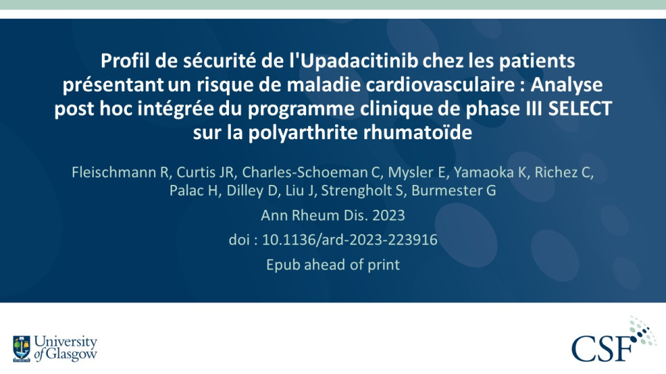 Publication thumbnail: Profil de sécurité de l'Upadacitinib chez les patients présentant un risque de maladie cardiovasculaire : Analyse post hoc intégrée du programme clinique de phase III SELECT sur la polyarthrite rhumatoïde