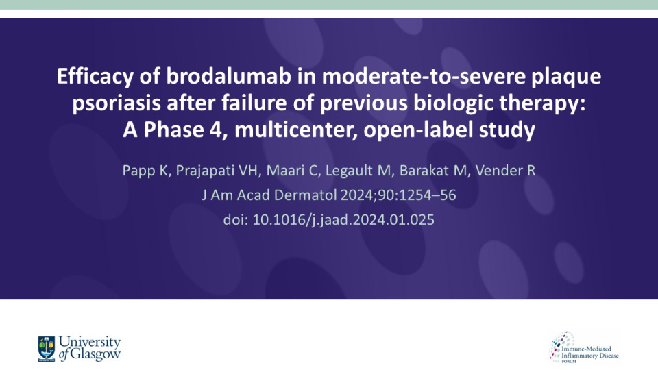 Publication thumbnail: Efficacy of brodalumab in moderate-to-severe plaque psoriasis after failure of previous biologic therapy: A phase 4, multicenter, open-label study