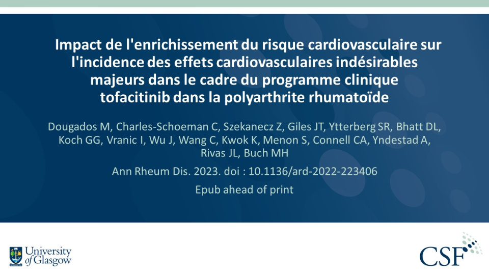Publication thumbnail: Impact de l'enrichissement du risque cardiovasculaire sur l'incidence des effets cardiovasculaires indésirables majeurs dans le cadre du programme clinique tofacitinib dans la polyarthrite rhumatoïde