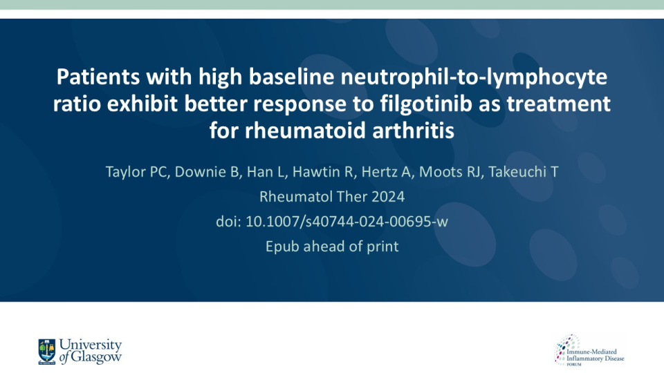 Publication thumbnail: Patients with high baseline neutrophil-to-lymphocyte ratio exhibit better response to filgotinib as treatment for rheumatoid arthritis