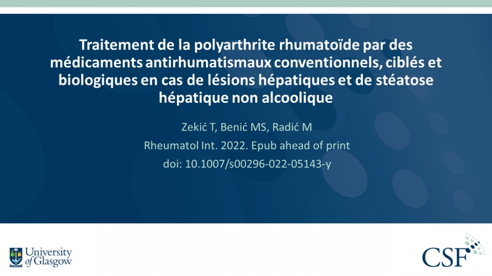 Publication thumbnail: Traitement de la polyarthrite rhumatoïde par des  médicaments antirhumatismaux conventionnels, ciblés et  biologiques en cas de lésions hépatiques et de stéatose  hépatique non alcoolique
