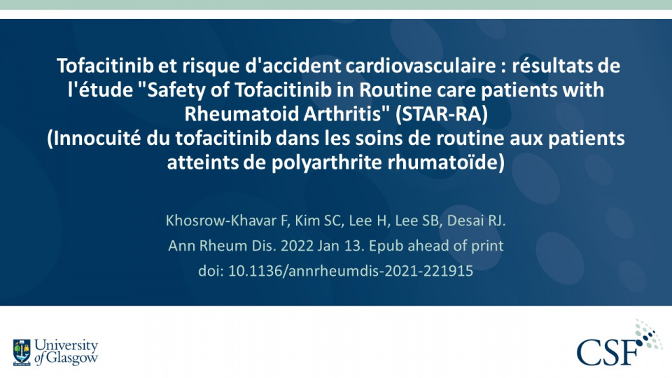 Publication thumbnail: Tofacitinib et risque d'accident cardiovasculaire : résultats de l'étude "Safety of Tofacitinib in Routine care patients with Rheumatoid Arthritis" (STAR-RA) (Innocuité du tofacitinib dans les soins de routine aux patients atteints de polyarthrite rhumatoïde)