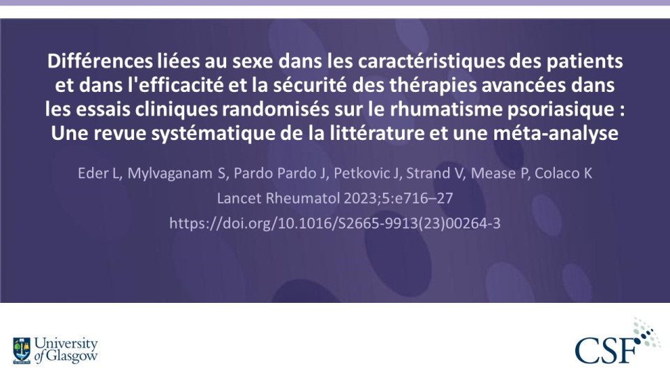 Publication thumbnail: Différences liées au sexe dans les caractéristiques des patients et dans l'efficacité et la sécurité des thérapies avancées dans les essais cliniques randomisés sur le rhumatisme psoriasique : Une revue systématique de la littérature et une méta-analyse