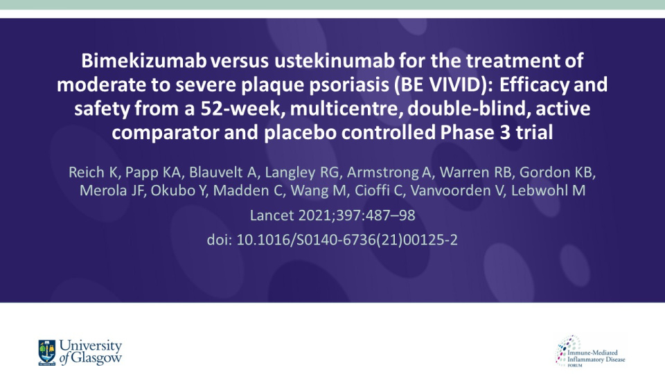 Publication thumbnail: Bimekizumab versus ustekinumab for the treatment of moderate to severe plaque psoriasis (BE VIVID): Efficacy and safety from a 52-week, multicentre, double-blind, active comparator and placebo controlled Phase 3 trial