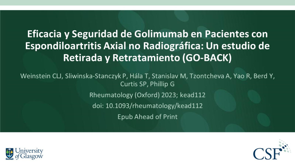 Publication thumbnail: Eficacia y Seguridad de Golimumab en Pacientes con Espondiloartritis Axial no Radiográfica: Un estudio de Retirada y Retratamiento (GO-BACK)