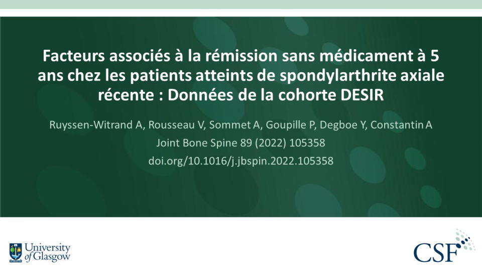 Publication thumbnail: Facteurs associés à la rémission sans médicament à 5 ans chez les patients atteints de spondylarthrite axiale récente : Données de la cohorte DESIR