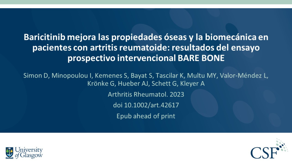 Publication thumbnail: Baricitinib mejora las propiedades óseas y la biomecánica en pacientes con artritis reumatoide: resultados del ensayo prospectivo intervencional BARE BONE