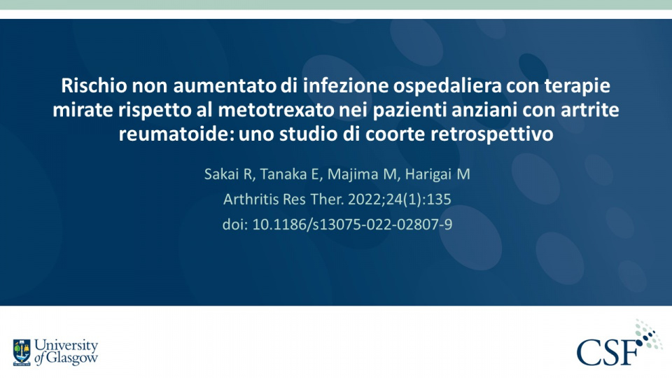 Publication thumbnail: Rischio non aumentato di infezione ospedaliera con terapie mirate rispetto al metotrexato nei pazienti anziani con artrite reumatoide: uno studio di coorte retrospettivo