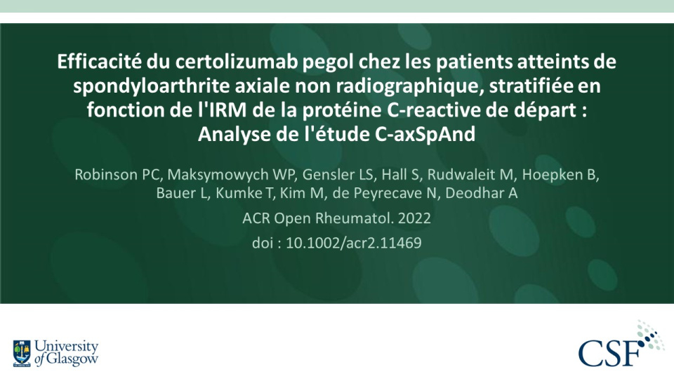 Publication thumbnail: Efficacité du certolizumab pegol chez les patients atteints de spondyloarthrite axiale non radiographique, stratifiée en fonction de l'IRM de la protéine C-reactive de départ : Analyse de l'étude C-axSpAnd