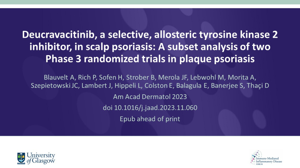 Publication thumbnail: Deucravacitinib, a selective, allosteric tyrosine kinase 2 inhibitor, in scalp psoriasis: A subset analysis of two Phase 3 randomized trials in plaque psoriasis